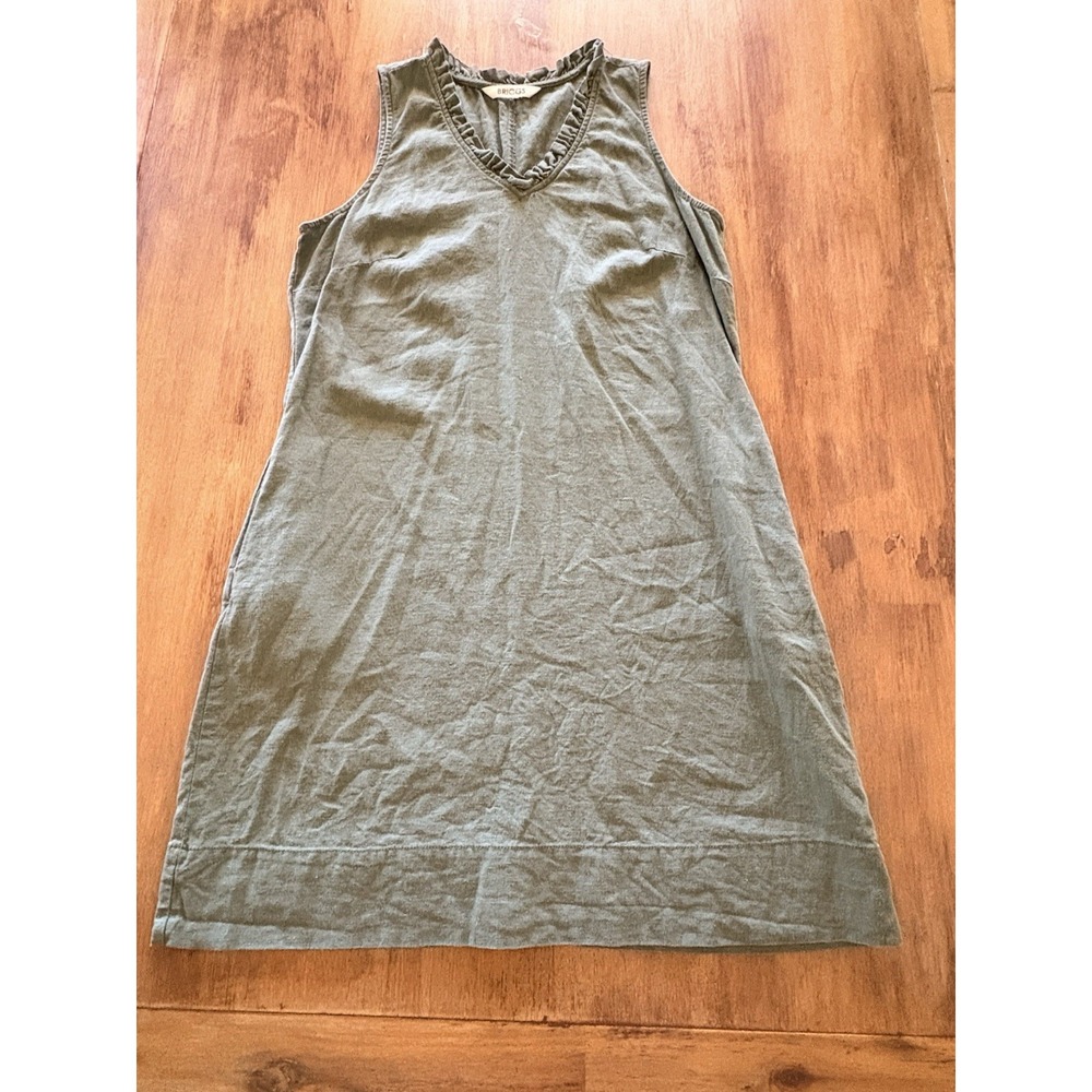 Briggs Dress Sleeveless Shift Ruffle V-Neck Cottage Green Linen Blend Sz M READ